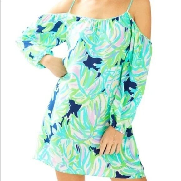Lilly Pulitzer Women's Candice Off Shoulder Dress In Resort Navy Uptown Trunk Sm - Picture 1 of 8